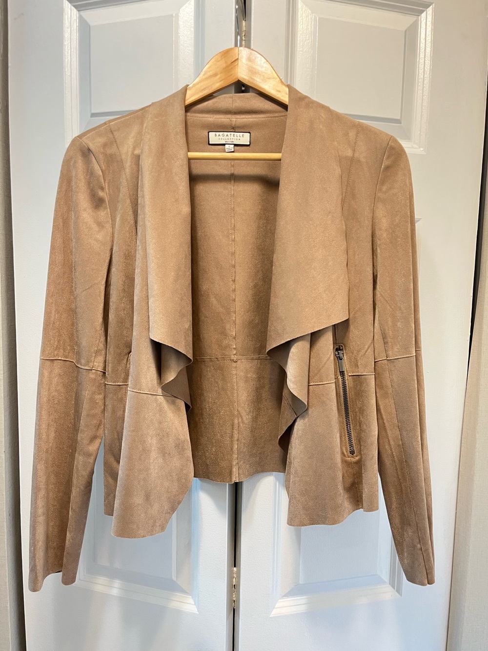 bagatelle Taupe Suede Draped Open-Front Jacket
